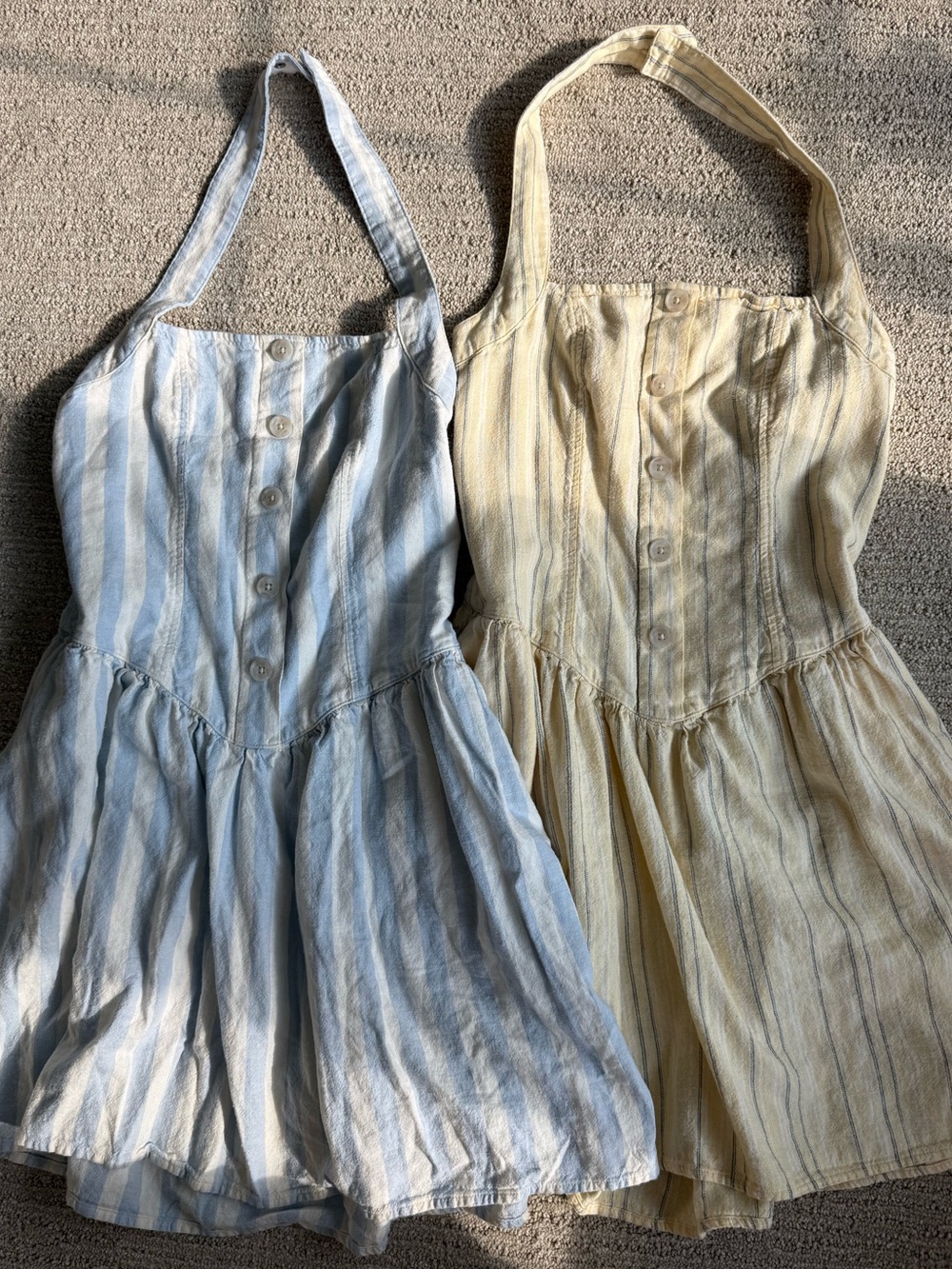 Striped Button-Front Halter Sundress Duo - Blue & Yellow